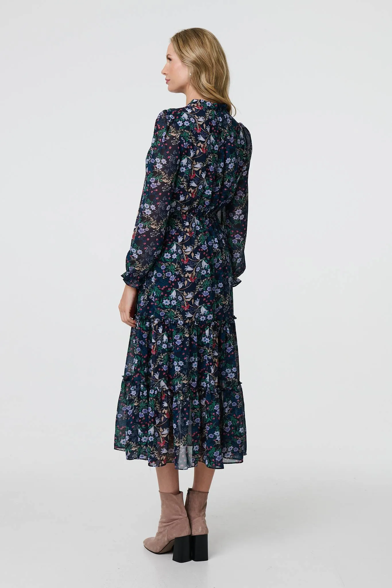 Floral Print Semi Sheer Midi Dress