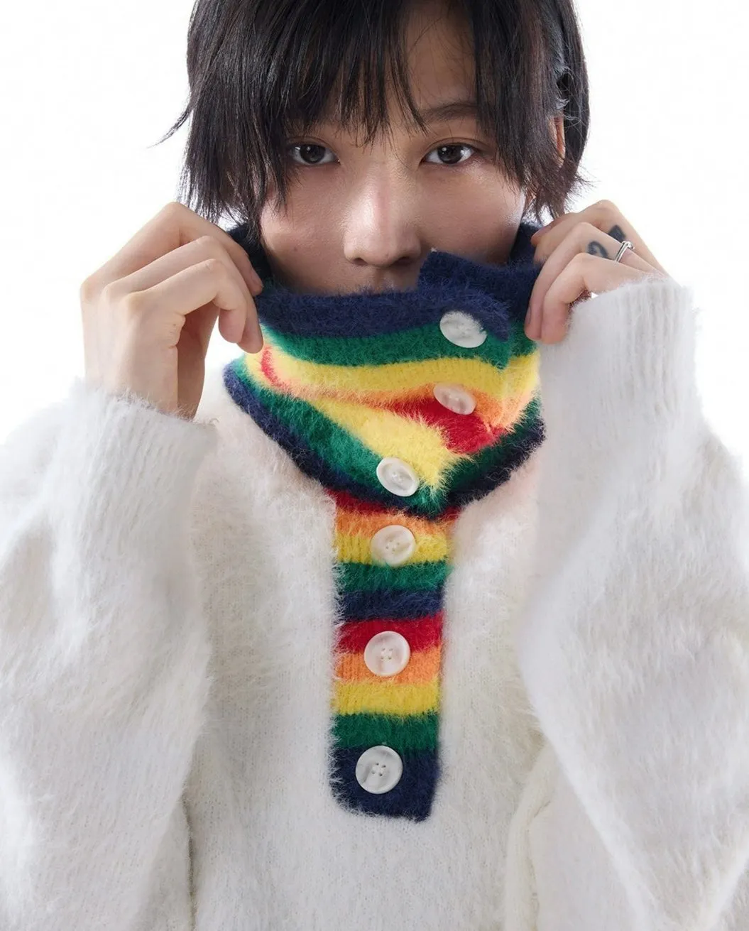 Fuzzy Oversized Sweater with Rainbow Collar Detail