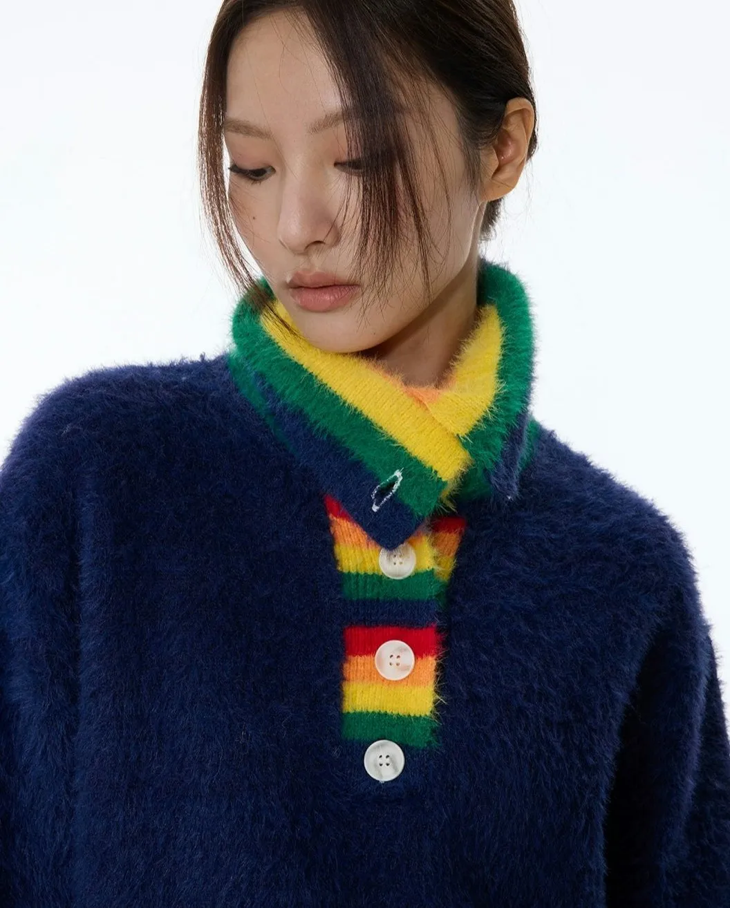 Fuzzy Oversized Sweater with Rainbow Collar Detail