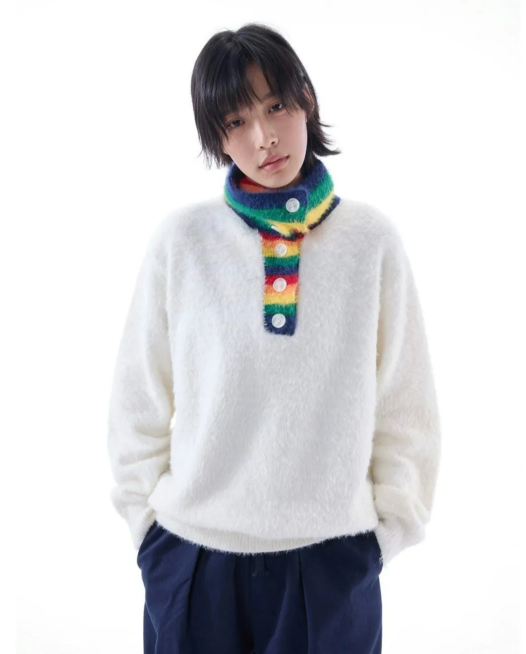 Fuzzy Oversized Sweater with Rainbow Collar Detail