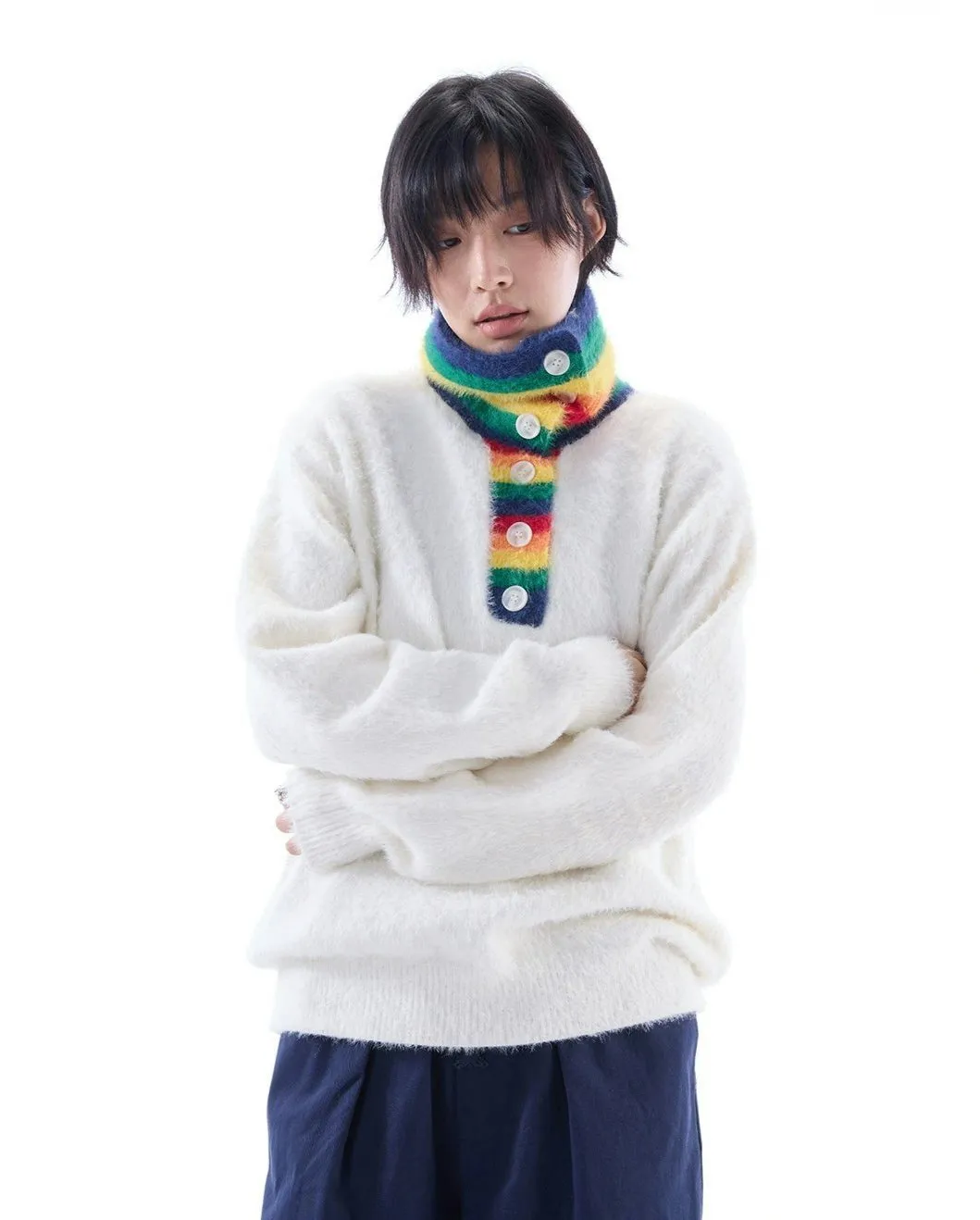 Fuzzy Oversized Sweater with Rainbow Collar Detail