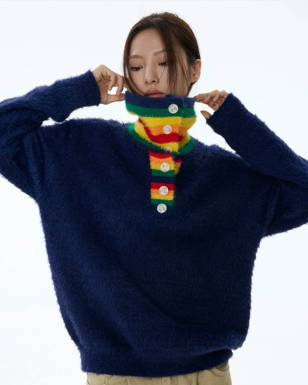 Fuzzy Oversized Sweater with Rainbow Collar Detail