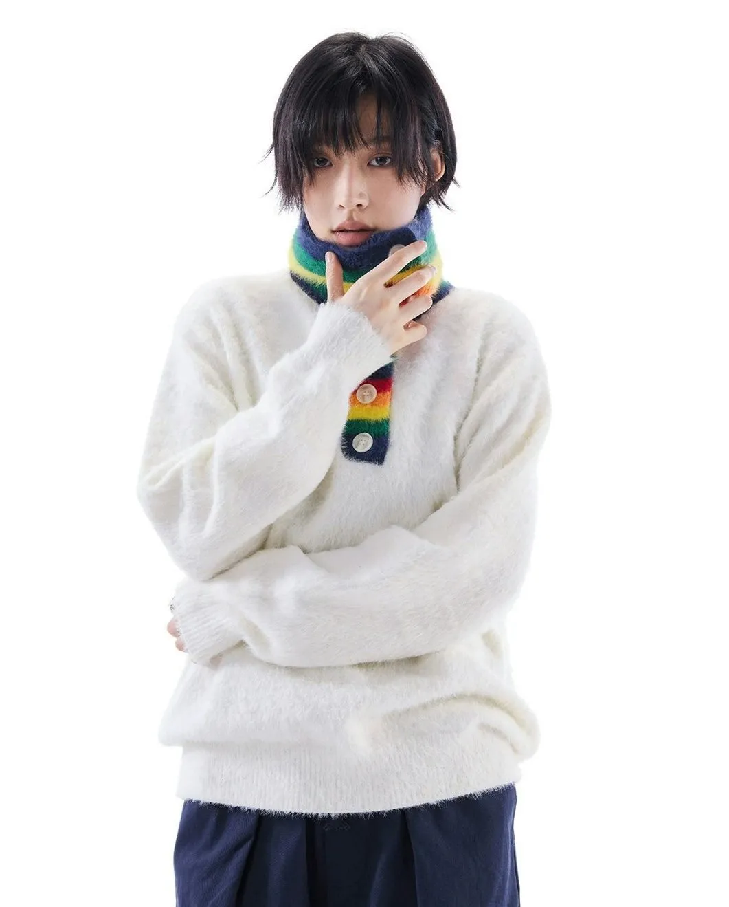 Fuzzy Oversized Sweater with Rainbow Collar Detail