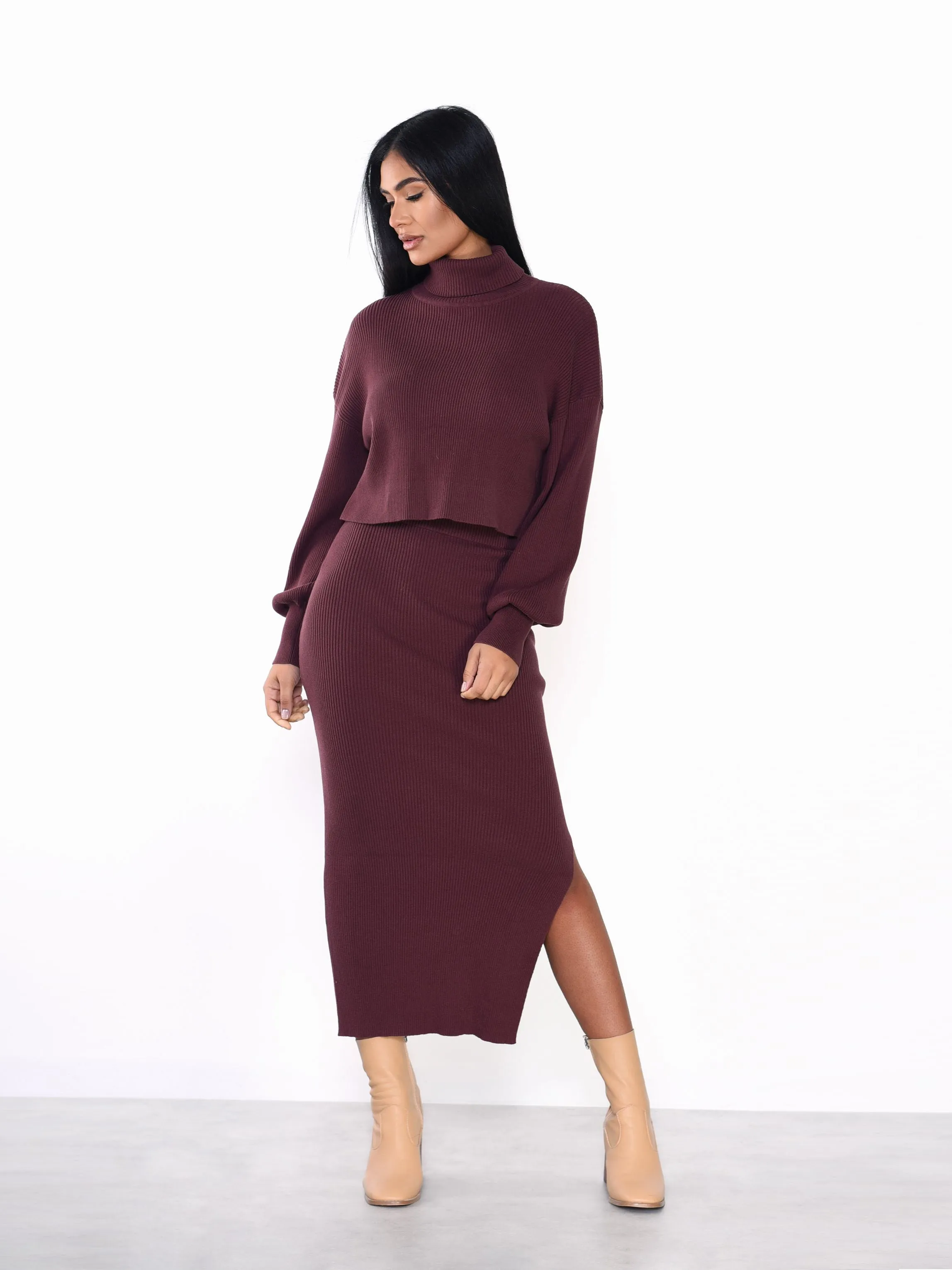 Glamorous Chocolate Plum High Neck Knit Jumper