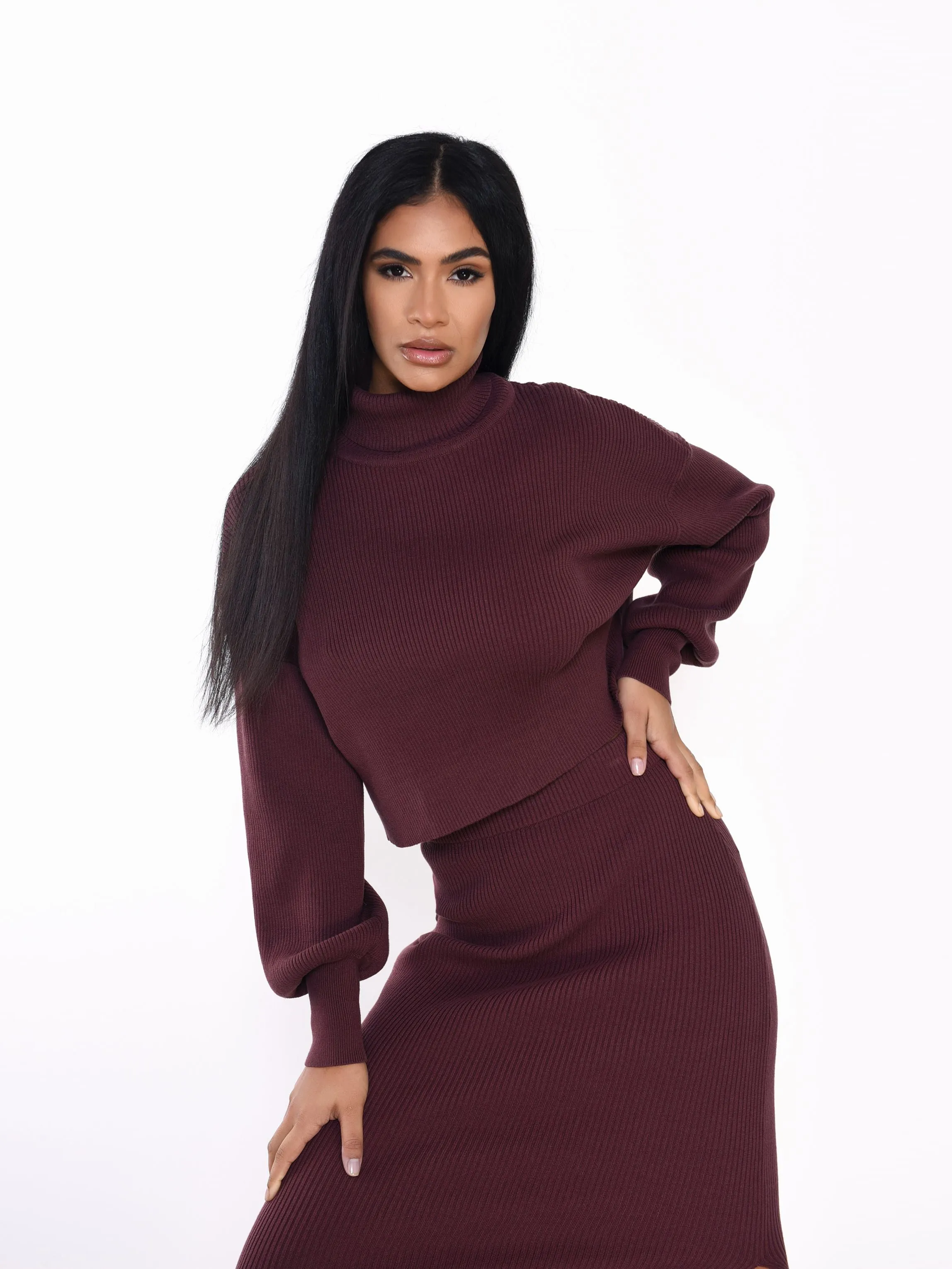 Glamorous Chocolate Plum High Neck Knit Jumper