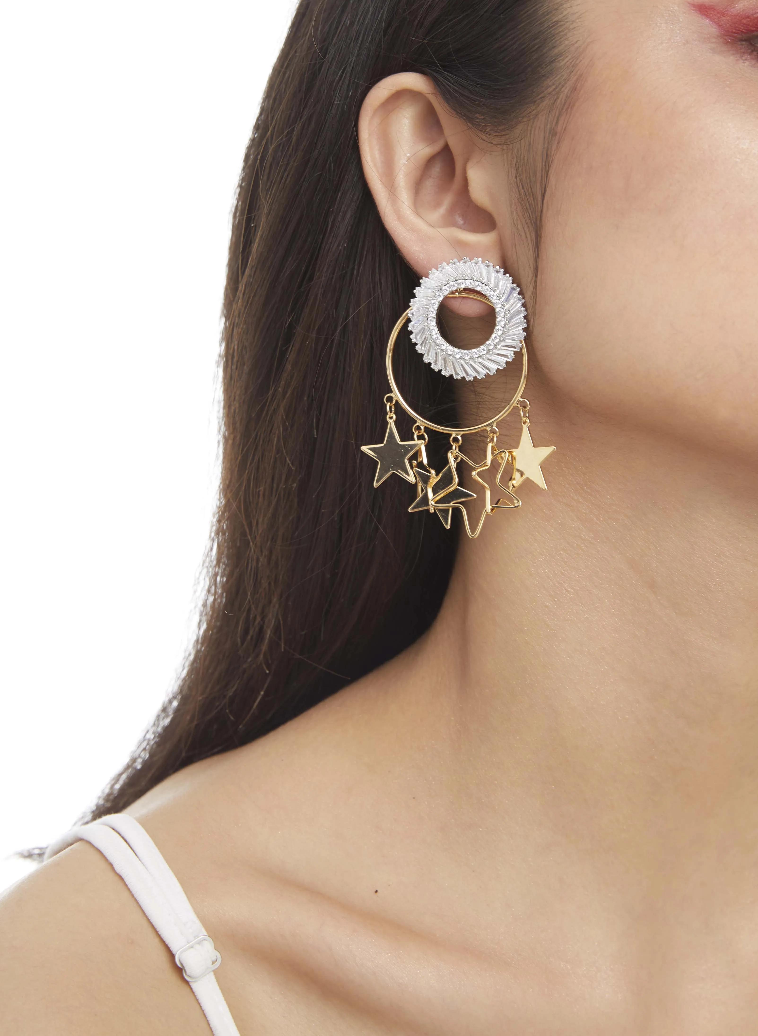 GOLD DANGLING STARS WITH CRYSTAL STUD EMBELLISHED EARRINGS