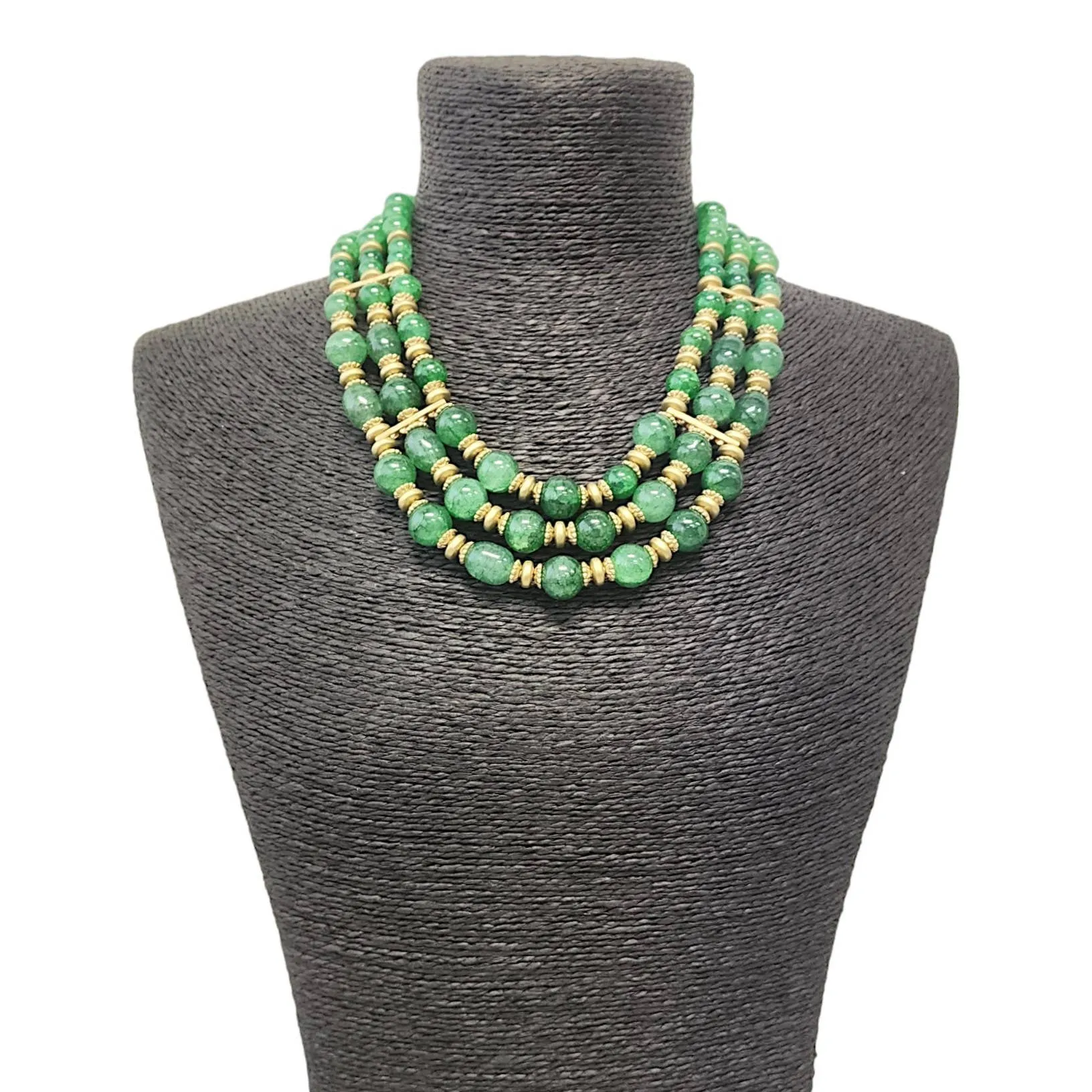 Jewel-Tone Green and Gold Triple Graduated Row Necklace