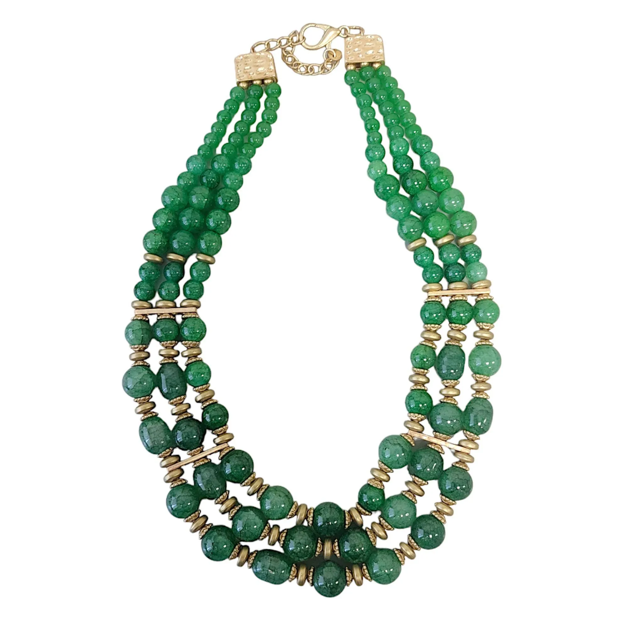 Jewel-Tone Green and Gold Triple Graduated Row Necklace