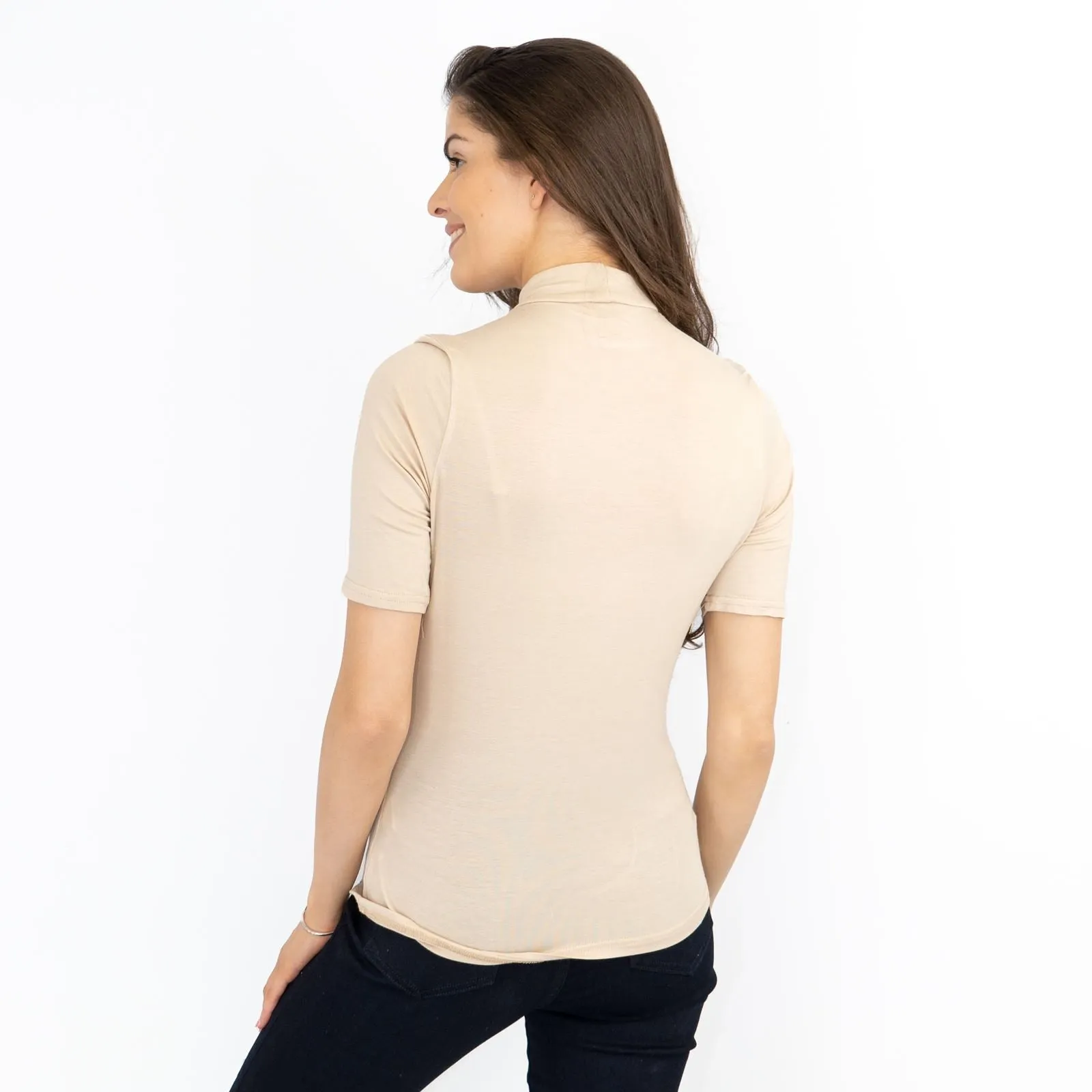 Karen Millen Beige Short Sleeve Jersey Funnel Neck Top