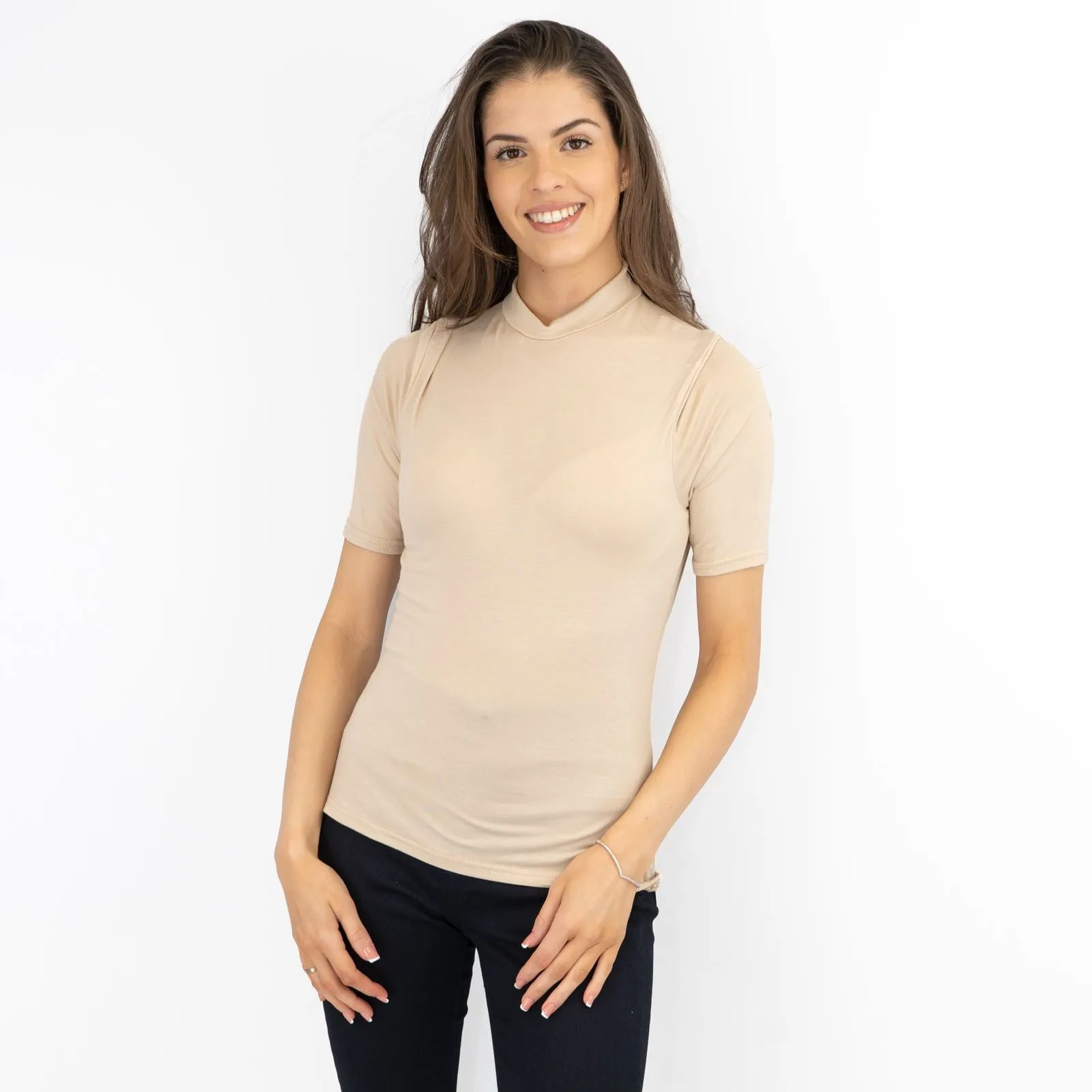 Karen Millen Beige Short Sleeve Jersey Funnel Neck Top