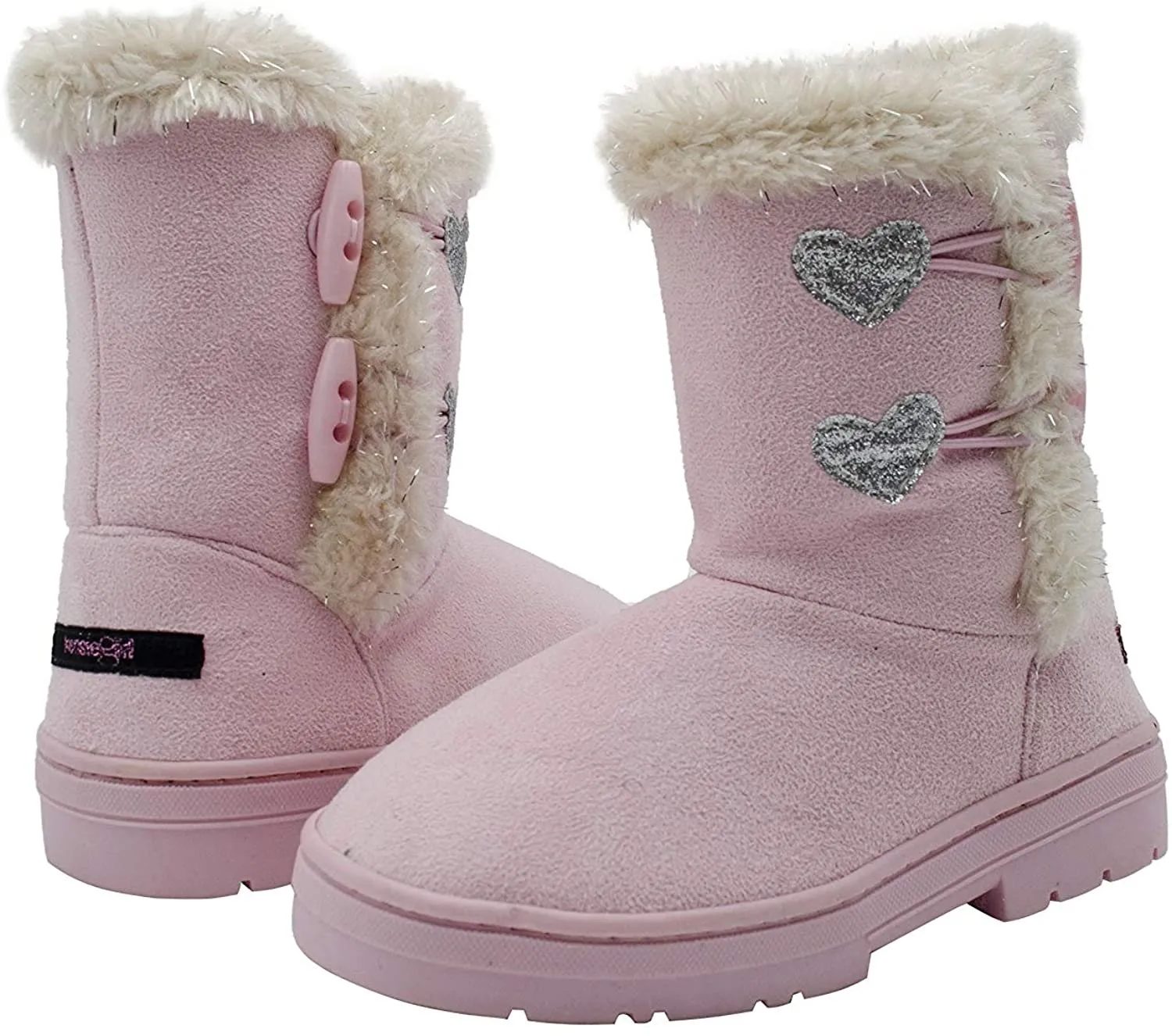 kensie Toddler Girls’ Little Kid Slip On Mid Calf Microsuede Warm Winter Boots with Glitter Hearts and Lurex Faux Fur Trims