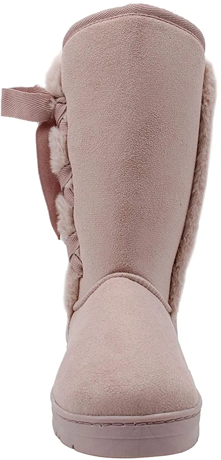 kensie Womens Slip On Mid High 10" Microsuede Winter Boots with Faux Fur Trims and Lace Up Ribbon