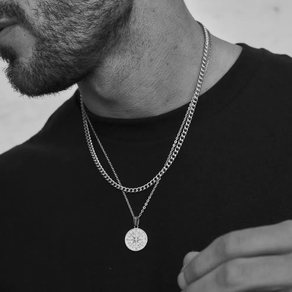 Layered Compass Pendant Necklaces for Men: Stainless Steel Cuban Figaro Wheat Chain, Casual Retro Collar