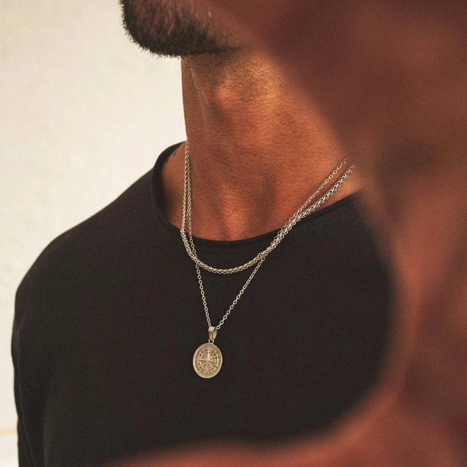 Layered Compass Pendant Necklaces for Men: Stainless Steel Cuban Figaro Wheat Chain, Casual Retro Collar