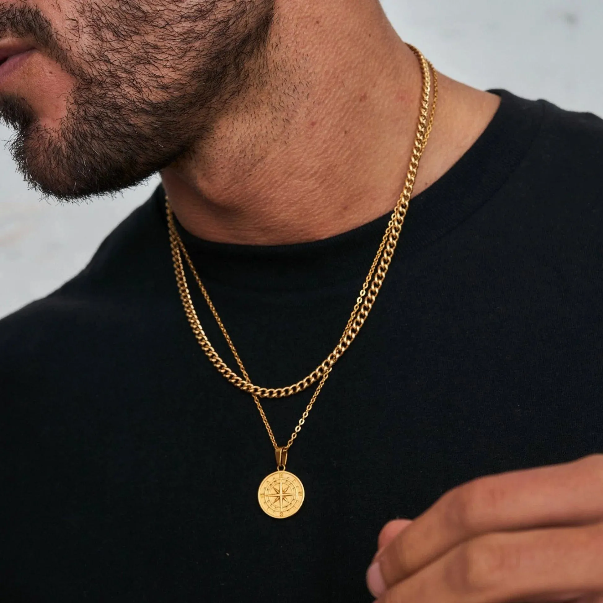 Layered Compass Pendant Necklaces for Men: Stainless Steel Cuban Figaro Wheat Chain, Casual Retro Collar