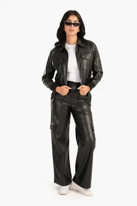 Leather Jacket with Elasic Hem