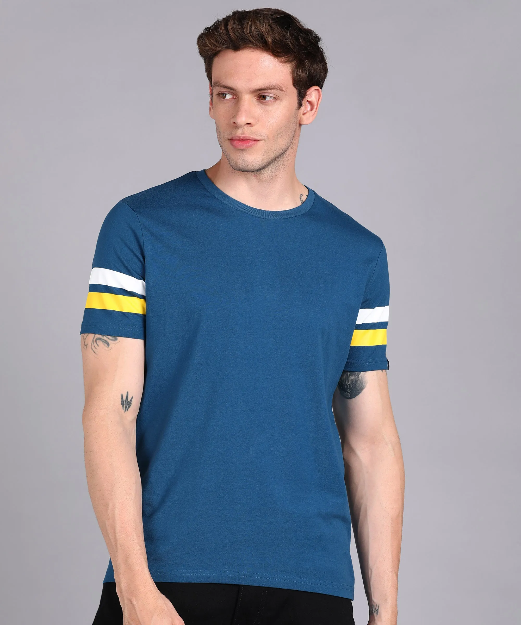 Men's Blue, White, Yellow Cotton Color-Block Slim Fit Half Sleeve T-Shirt