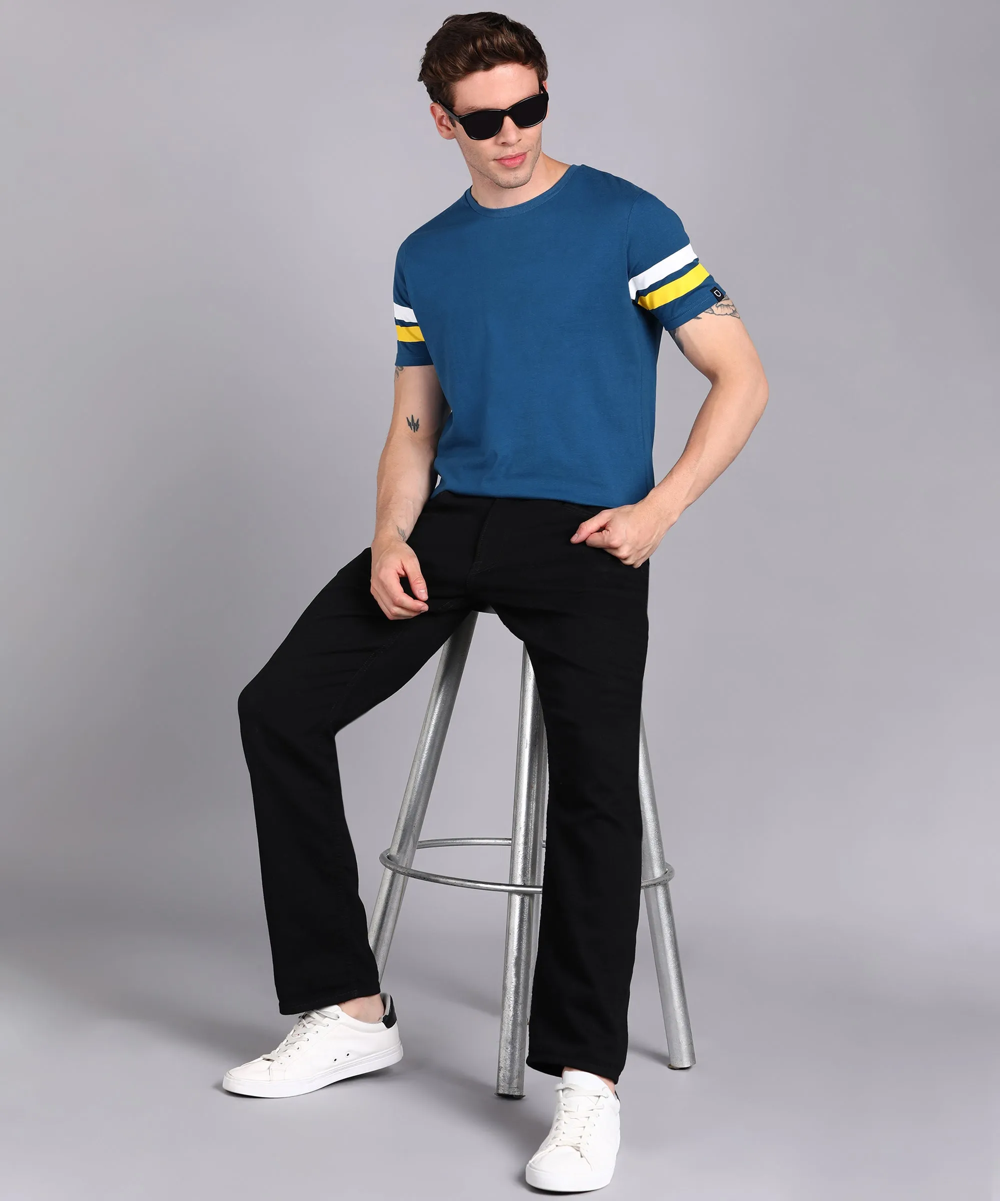 Men's Blue, White, Yellow Cotton Color-Block Slim Fit Half Sleeve T-Shirt