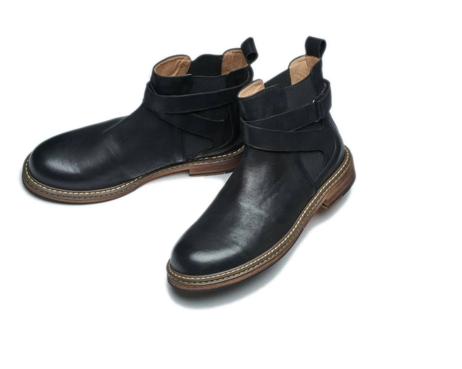 Men's Leather Chelsea Boots with Buckle - Goodyear Welt Construction