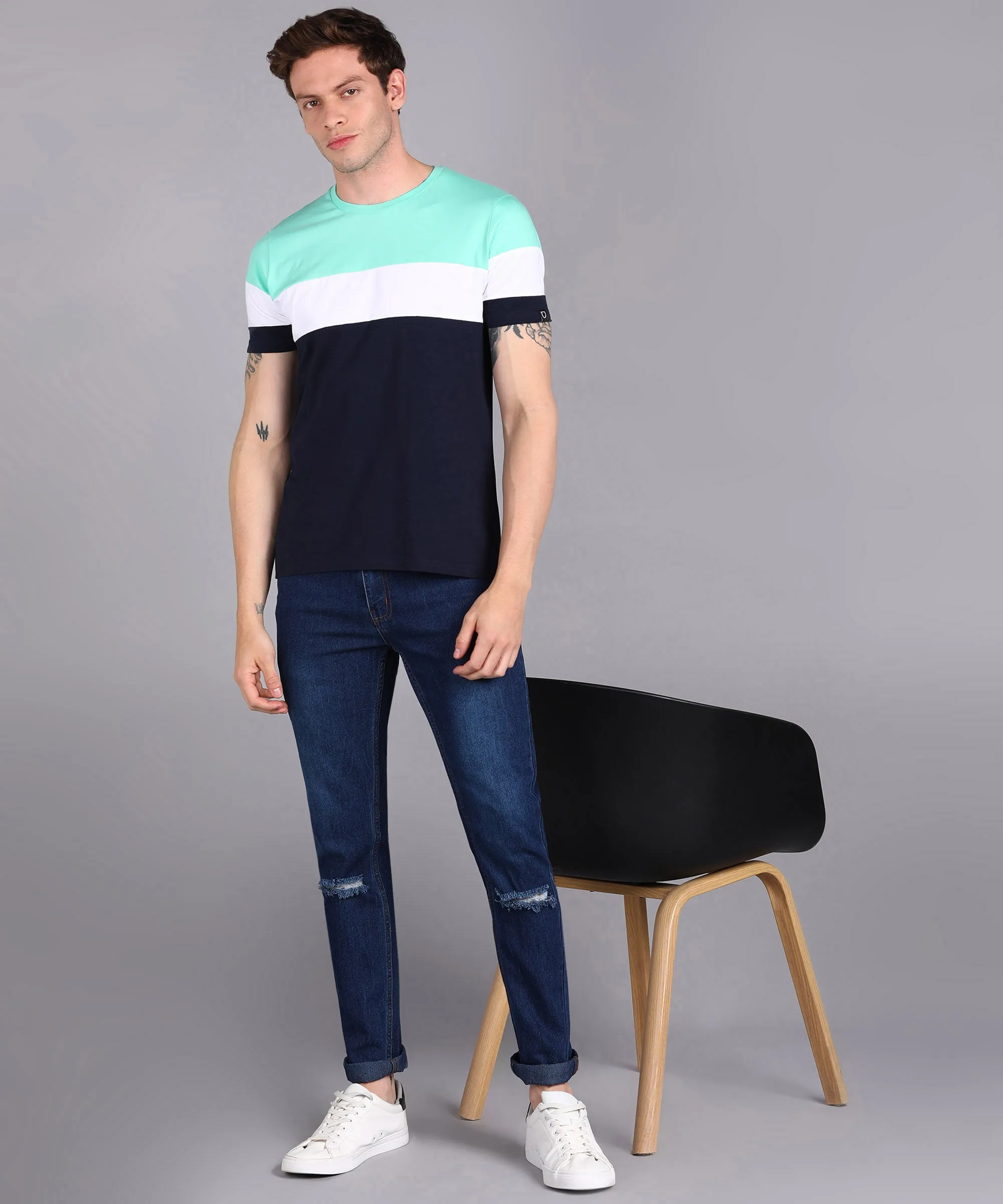 Men's Navy Blue, White, Mint Green Cotton Color-Block Slim Fit Half Sleeve T-Shirt