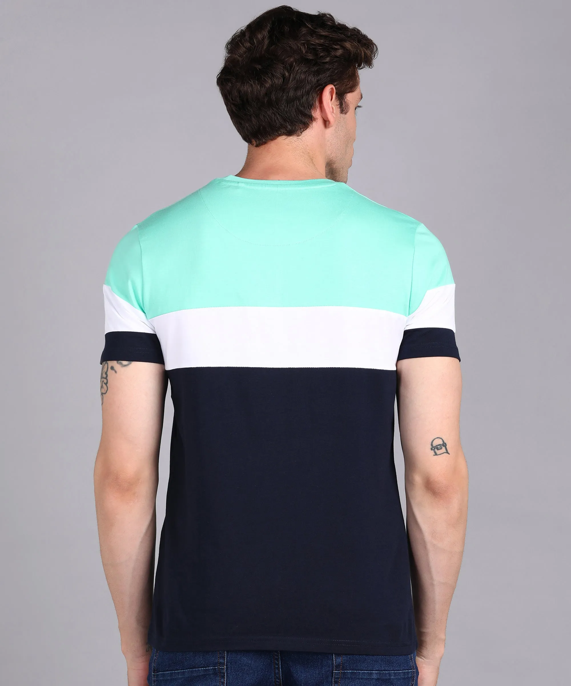 Men's Navy Blue, White, Mint Green Cotton Color-Block Slim Fit Half Sleeve T-Shirt