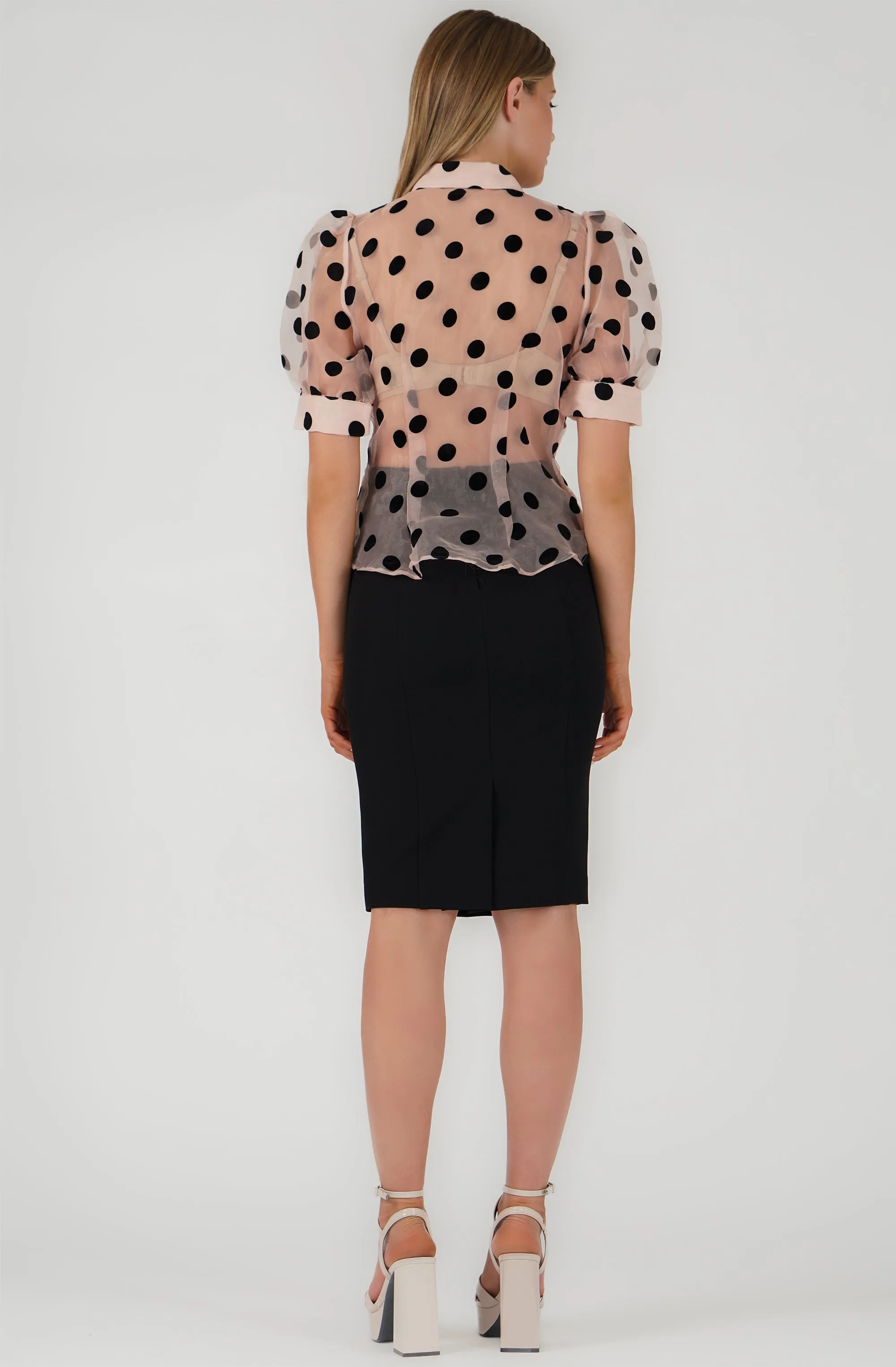 Organza Button-Up Blouse with Velvet Dots