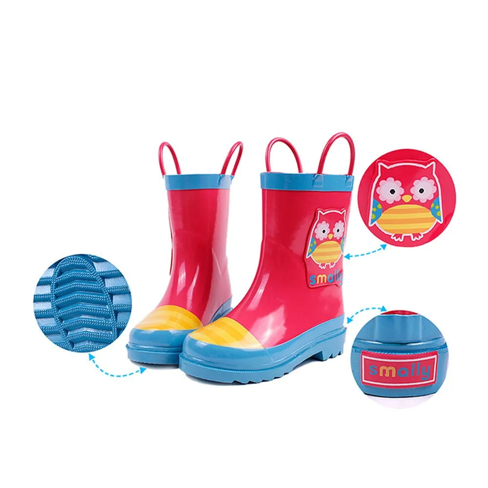 Pink Owl Flexible Rubber Rain Gumboots for Toddlers and Kids