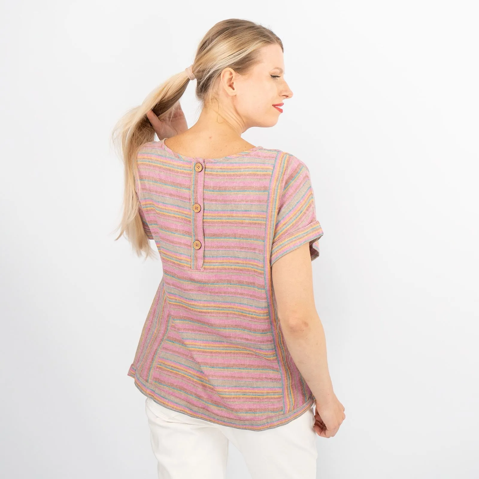 Pink Striped Short Sleeve Lightweight Linen Blend Relaxed Blouse Women's Summer Tops