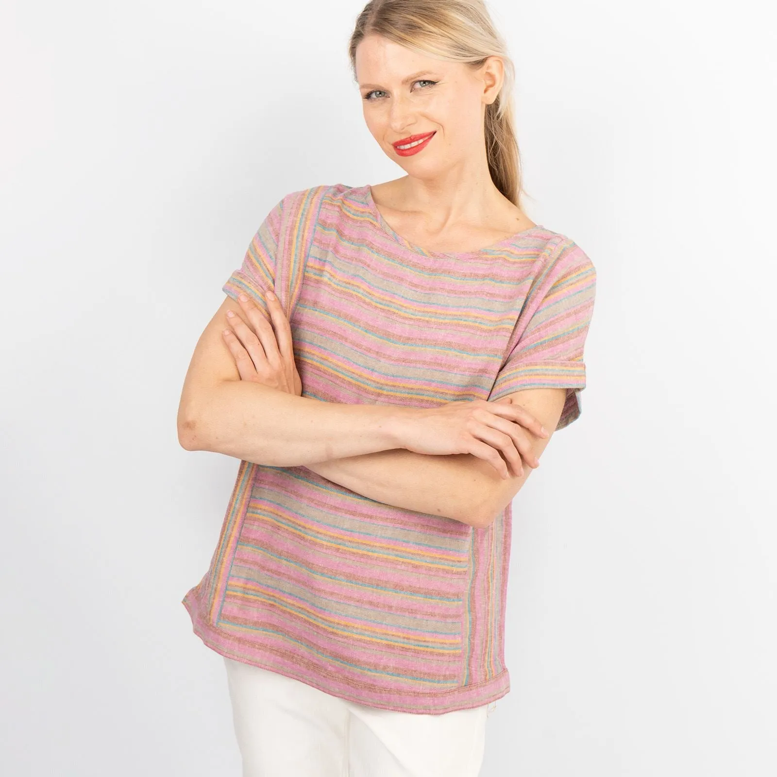 Pink Striped Short Sleeve Lightweight Linen Blend Relaxed Blouse Women's Summer Tops