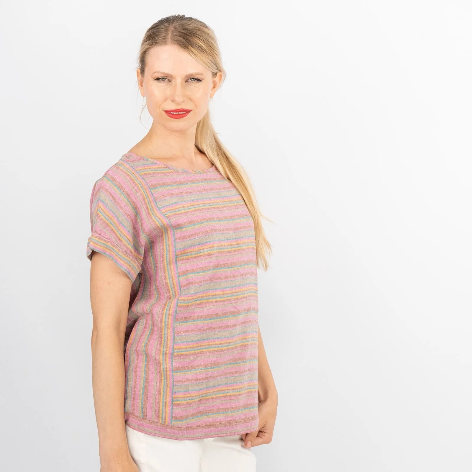 Pink Striped Short Sleeve Lightweight Linen Blend Relaxed Blouse Women's Summer Tops