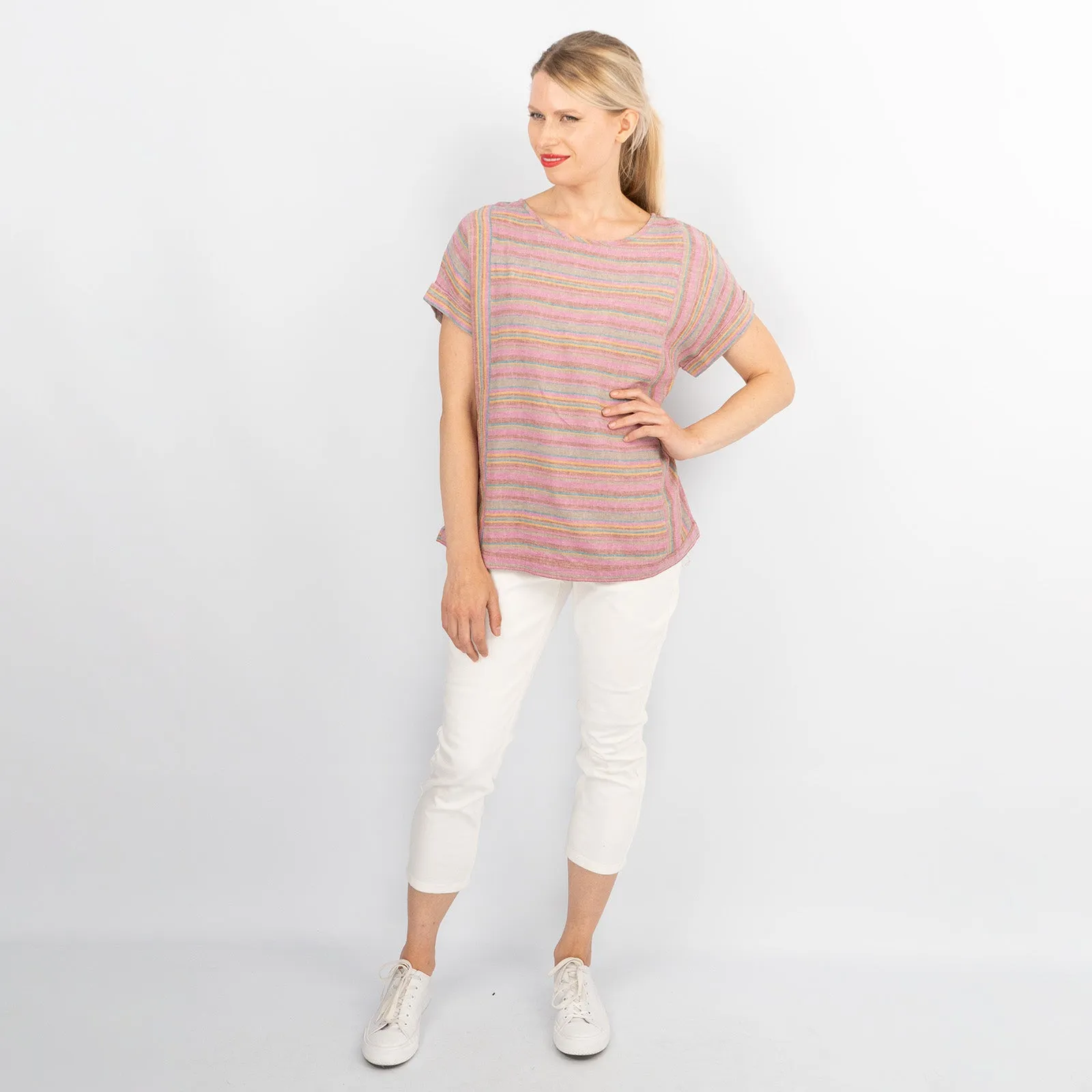 Pink Striped Short Sleeve Lightweight Linen Blend Relaxed Blouse Women's Summer Tops