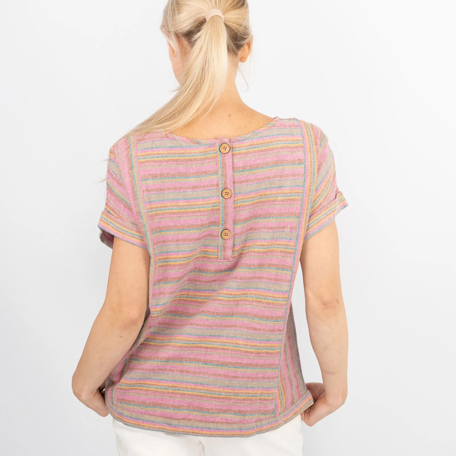 Pink Striped Short Sleeve Lightweight Linen Blend Relaxed Blouse Women's Summer Tops