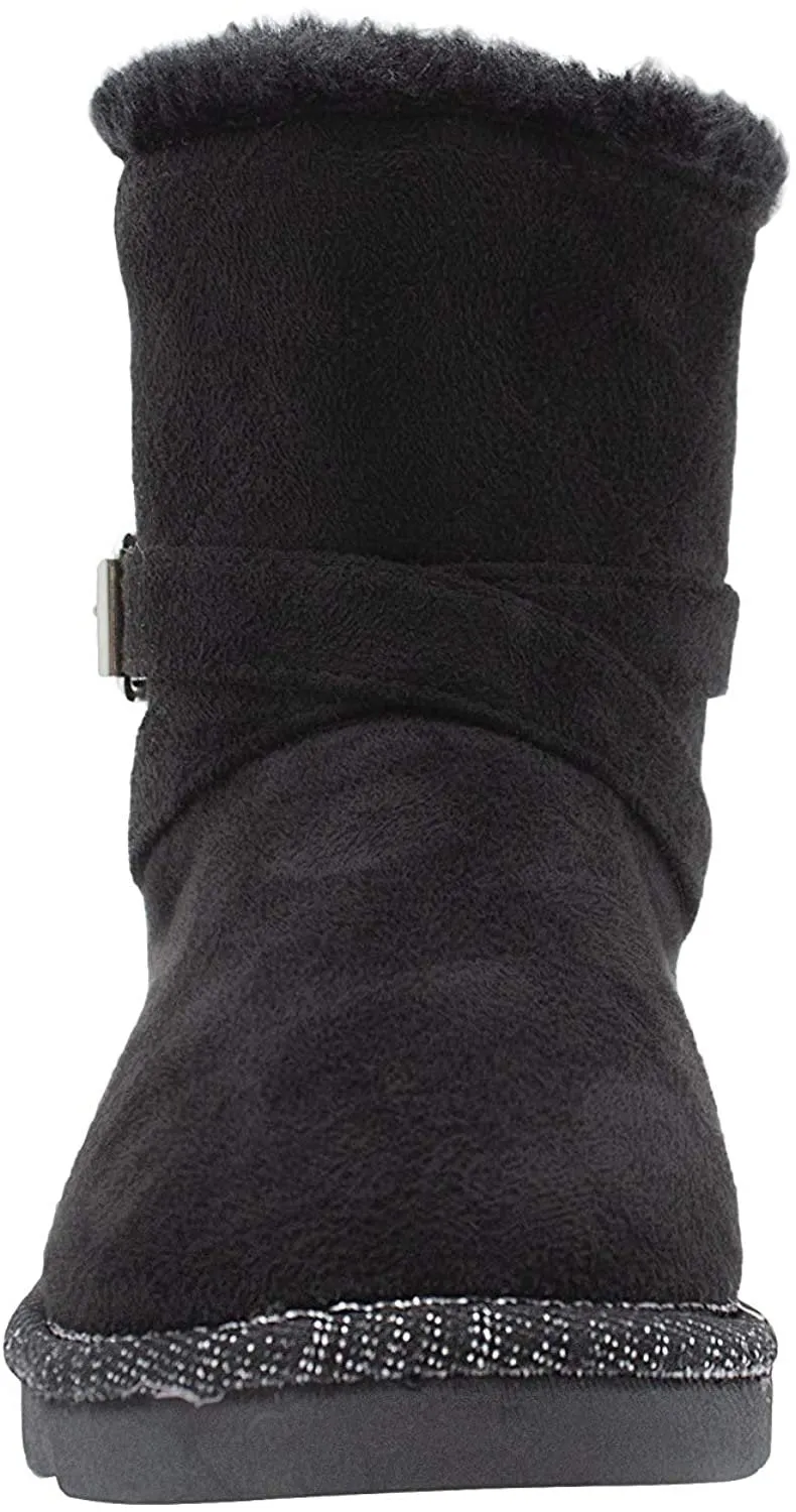 Rampage Girls' Big Kid Slip On Mid High Microsuede Winter Boots with Quilted Shaft and Wrap Around Buckle Straps Black Size 12