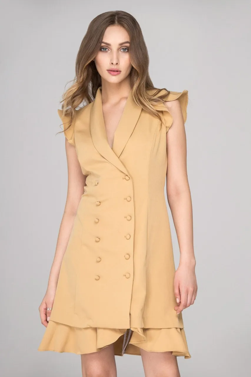 Rania Fawaz - Khaki Double Button Ruffled Hem Midi Dress