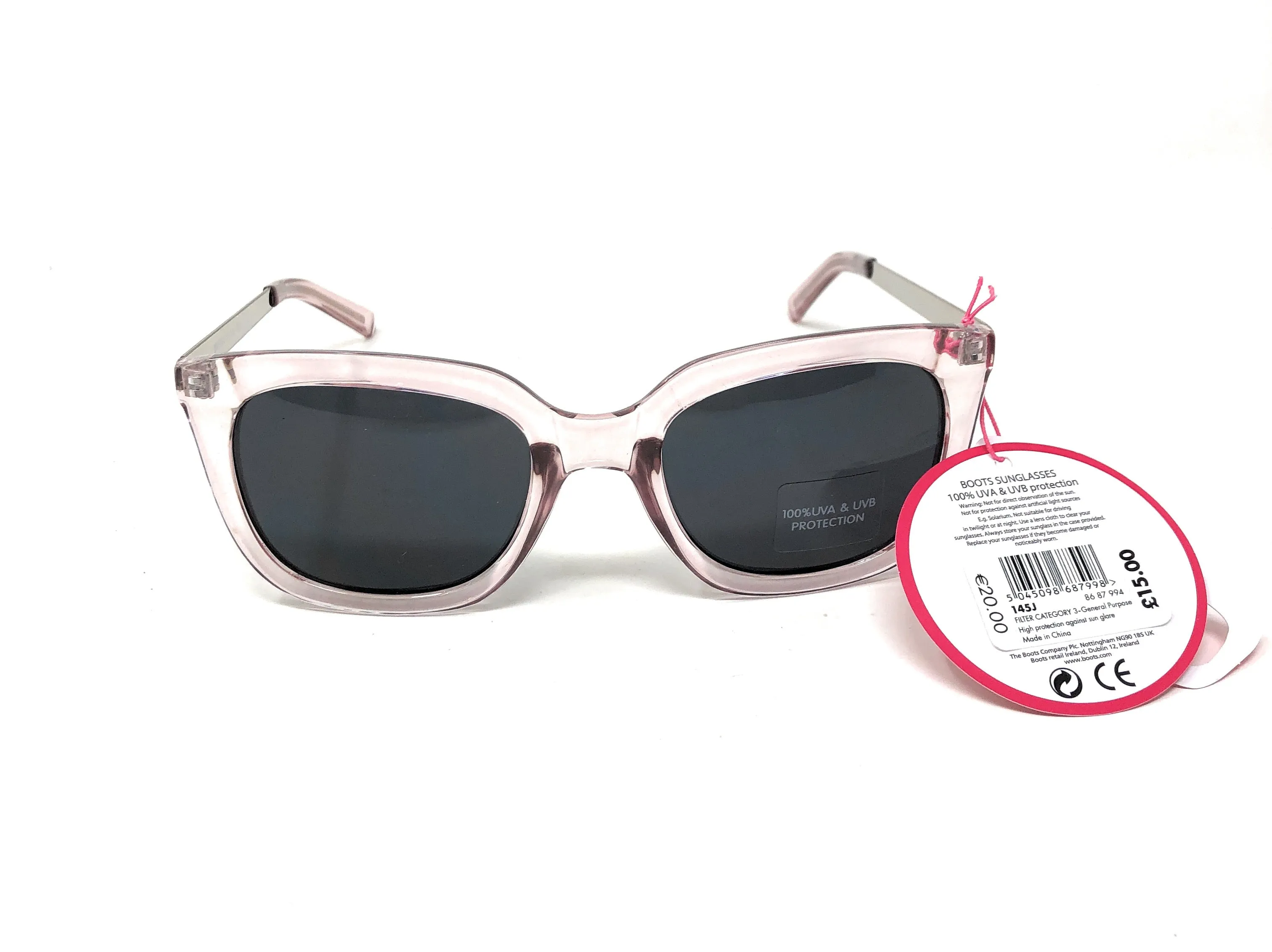 Retro Women's Sunglasses by Boots (model 145J) –  Translucent Rose Frame and Silver Arms with full UV Protection