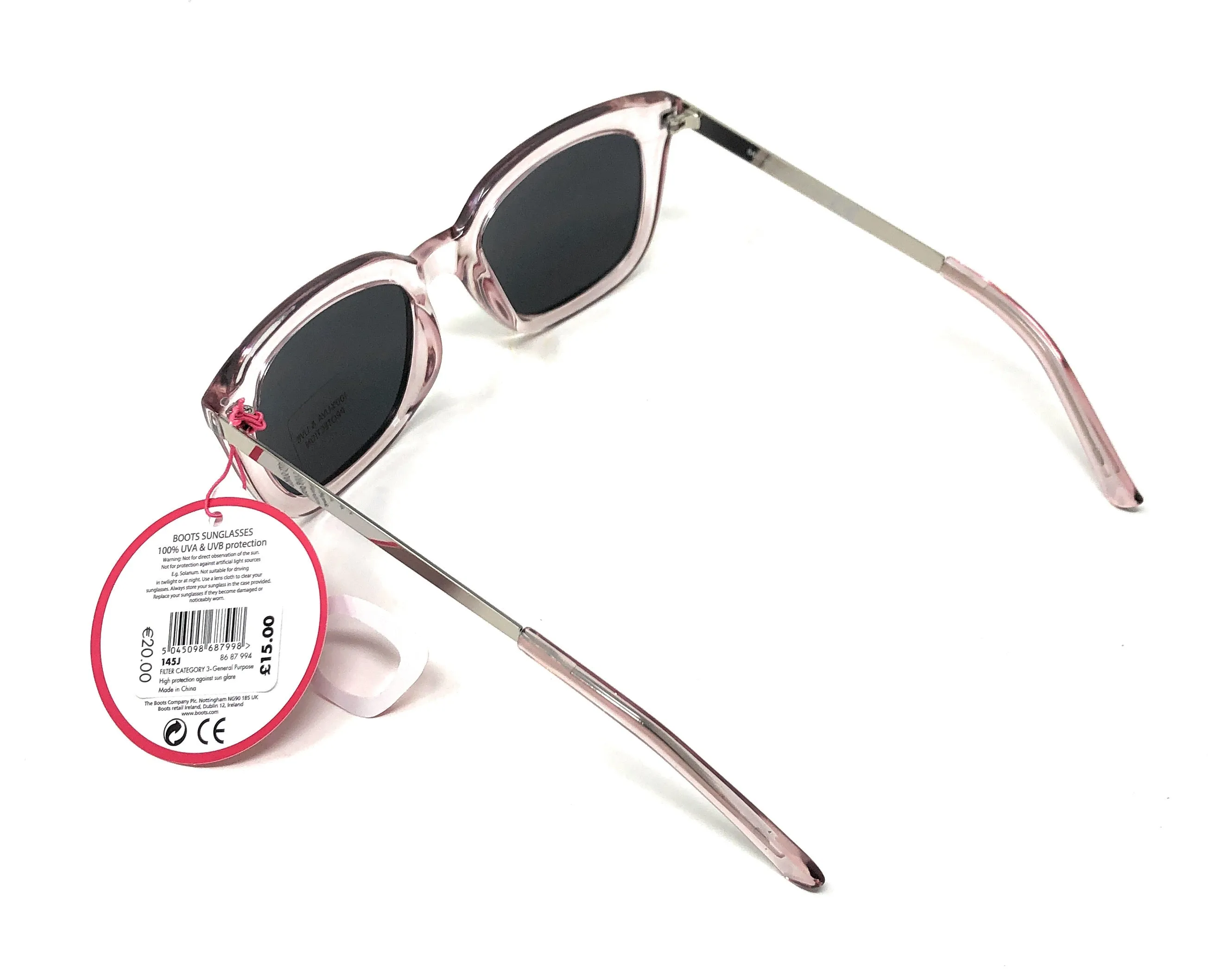 Retro Women's Sunglasses by Boots (model 145J) –  Translucent Rose Frame and Silver Arms with full UV Protection