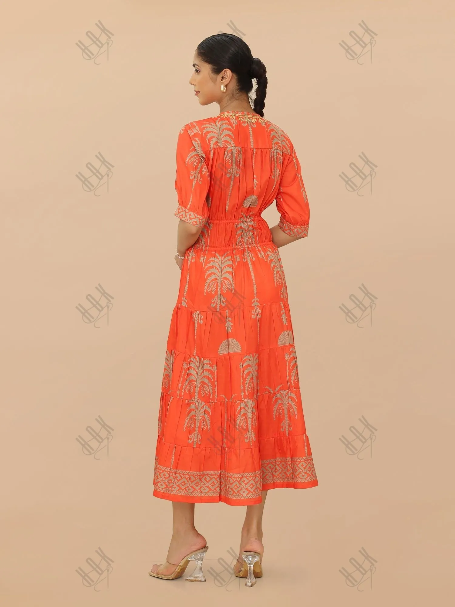 Saba Chikanakri Dress in Printed Muslin  - Orange