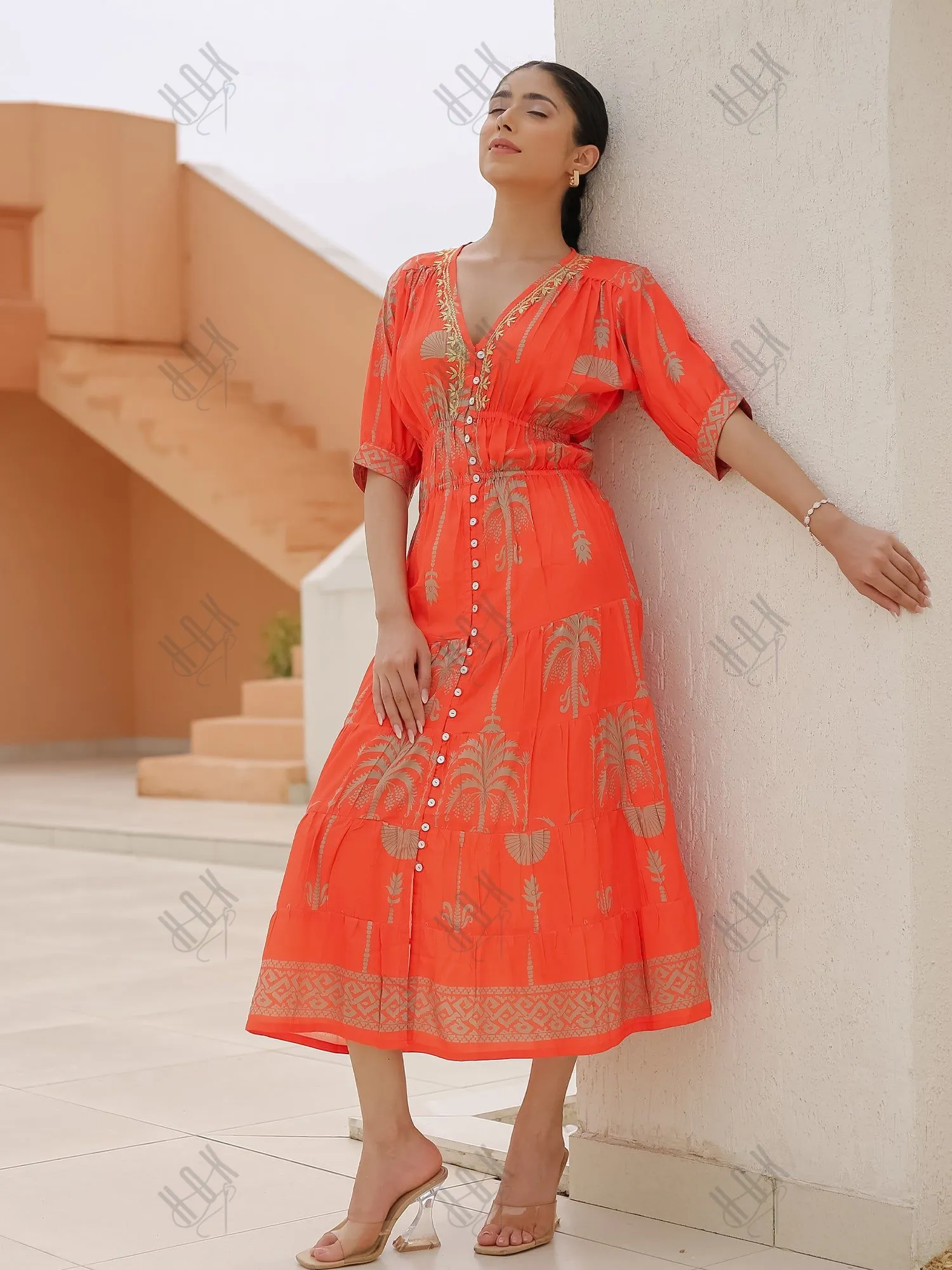 Saba Chikanakri Dress in Printed Muslin  - Orange