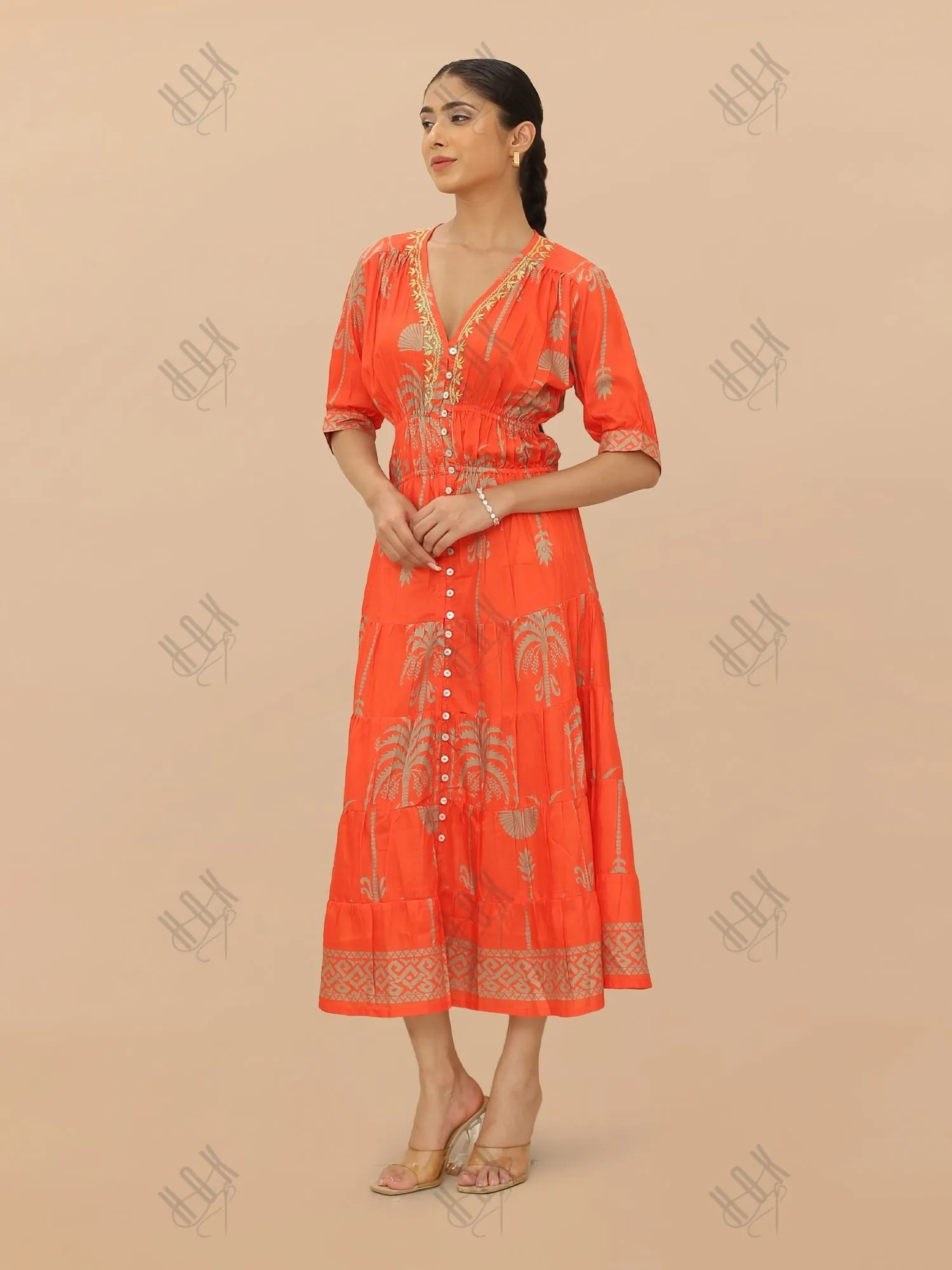 Saba Chikanakri Dress in Printed Muslin  - Orange