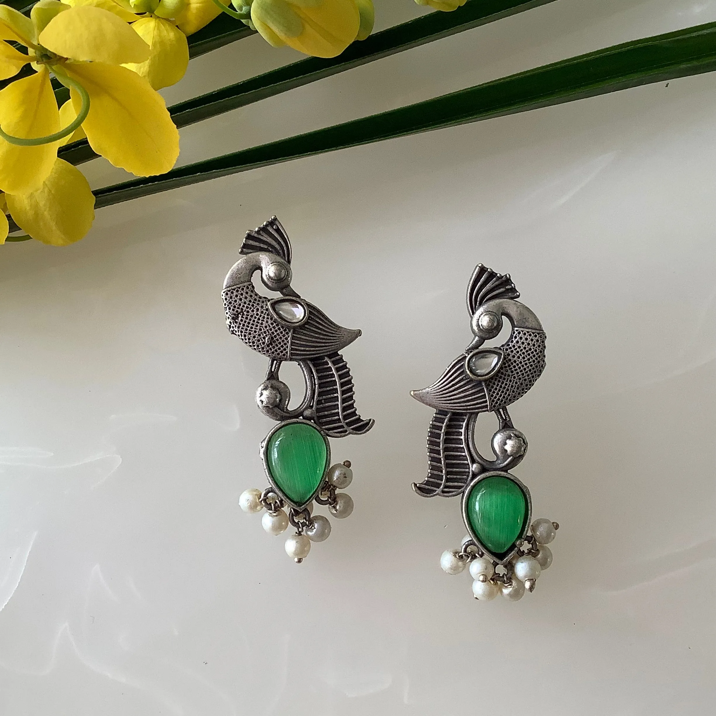 Salvanity German Silver Trendy Pearl Bird Earrings