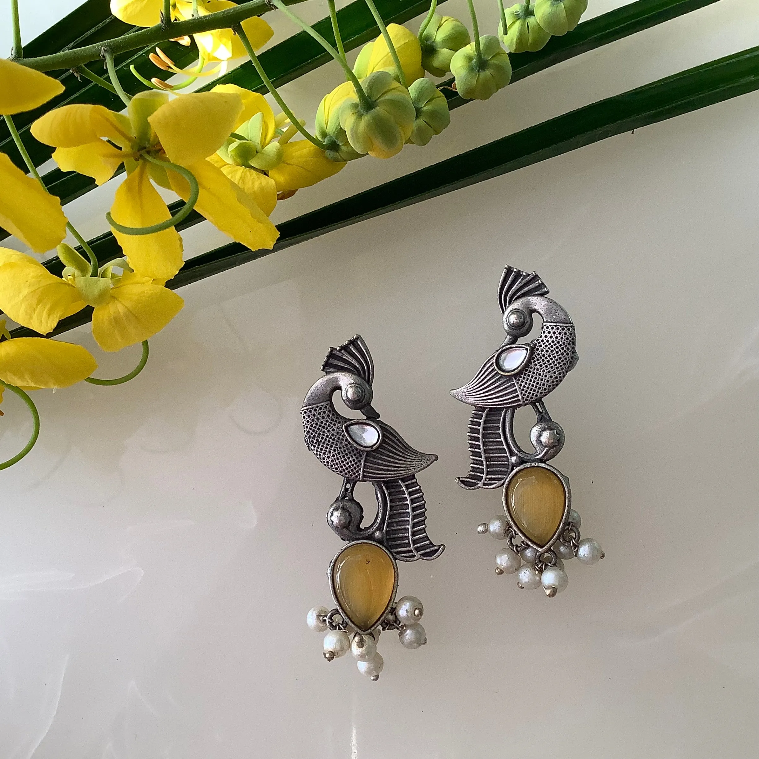 Salvanity German Silver Trendy Pearl Bird Earrings