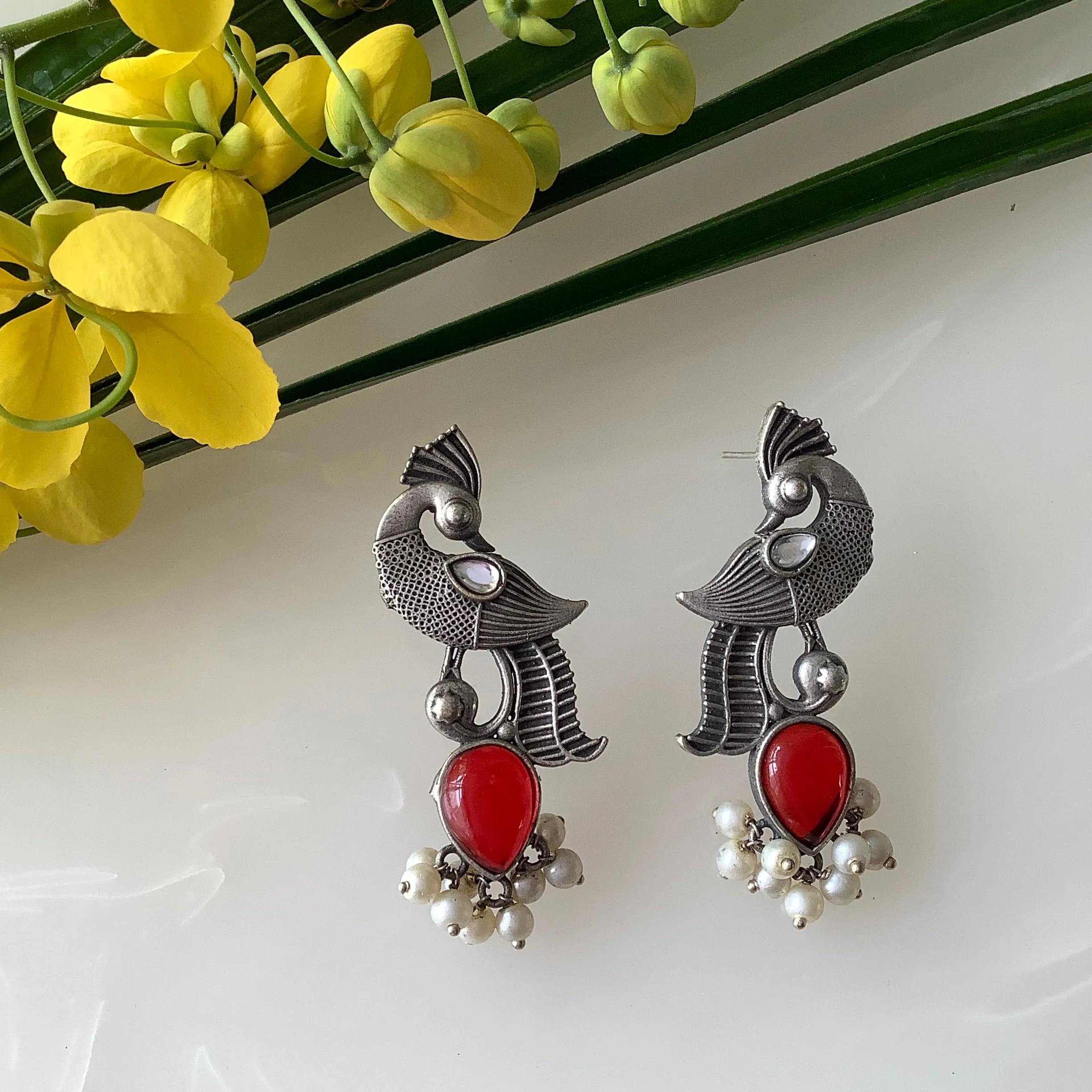 Salvanity German Silver Trendy Pearl Bird Earrings