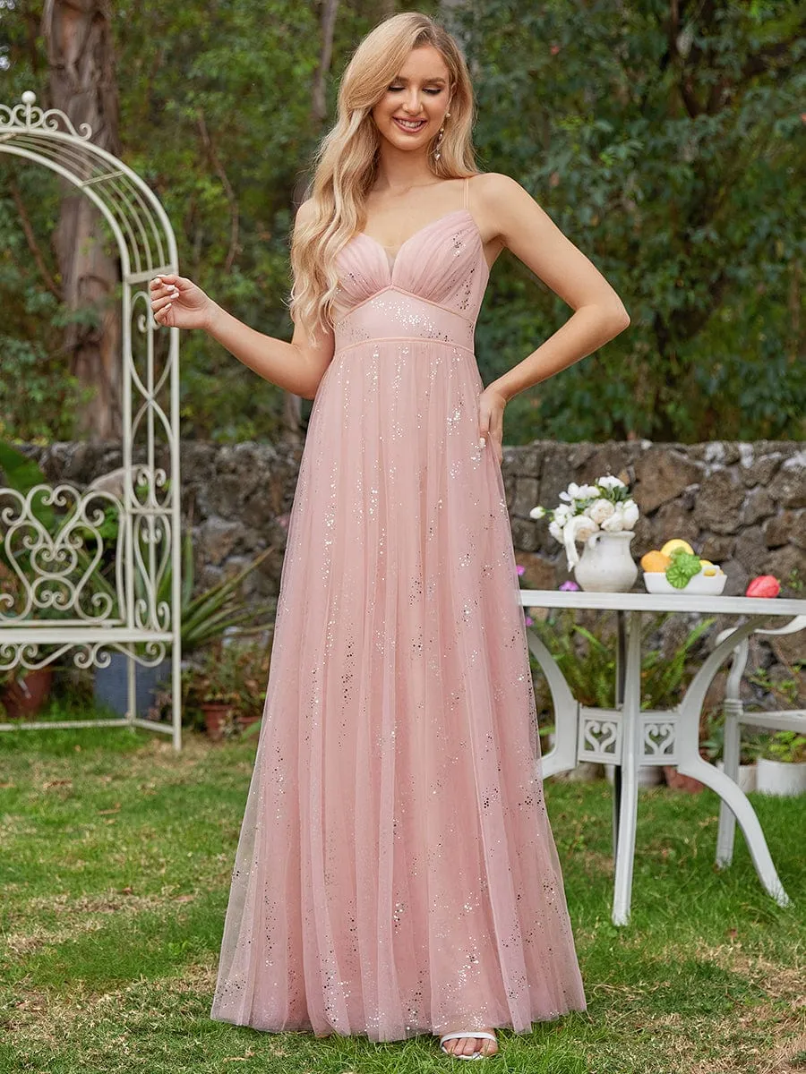 Sequined V-neck Tulle Bridesmaid Dress with empire waist