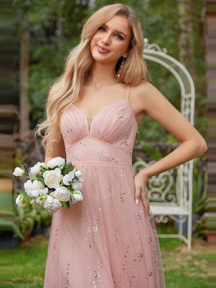 Sequined V-neck Tulle Bridesmaid Dress with empire waist