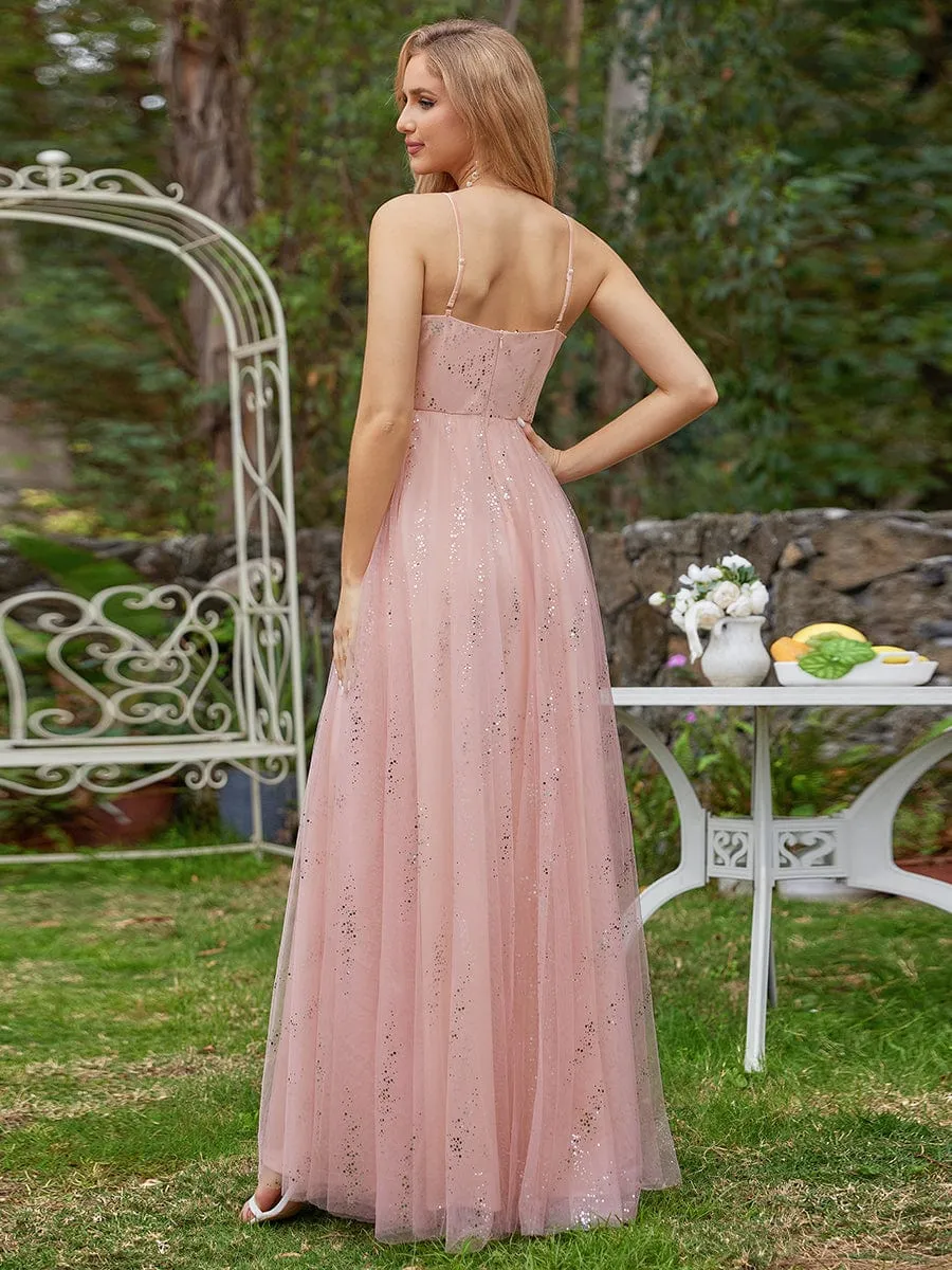 Sequined V-neck Tulle Bridesmaid Dress with empire waist