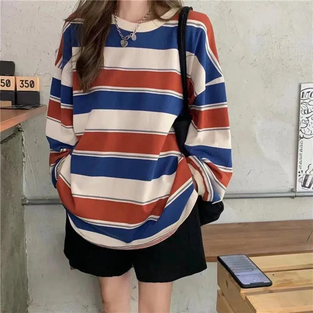 Spring Autumn Striped Hoodies Women Fashion Long Sleeve Hoodie Sweatshirt Cotton Pullovers Casual Oversized Coat