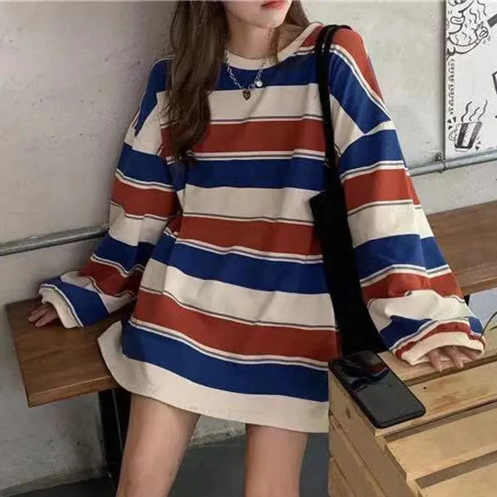 Spring Autumn Striped Hoodies Women Fashion Long Sleeve Hoodie Sweatshirt Cotton Pullovers Casual Oversized Coat