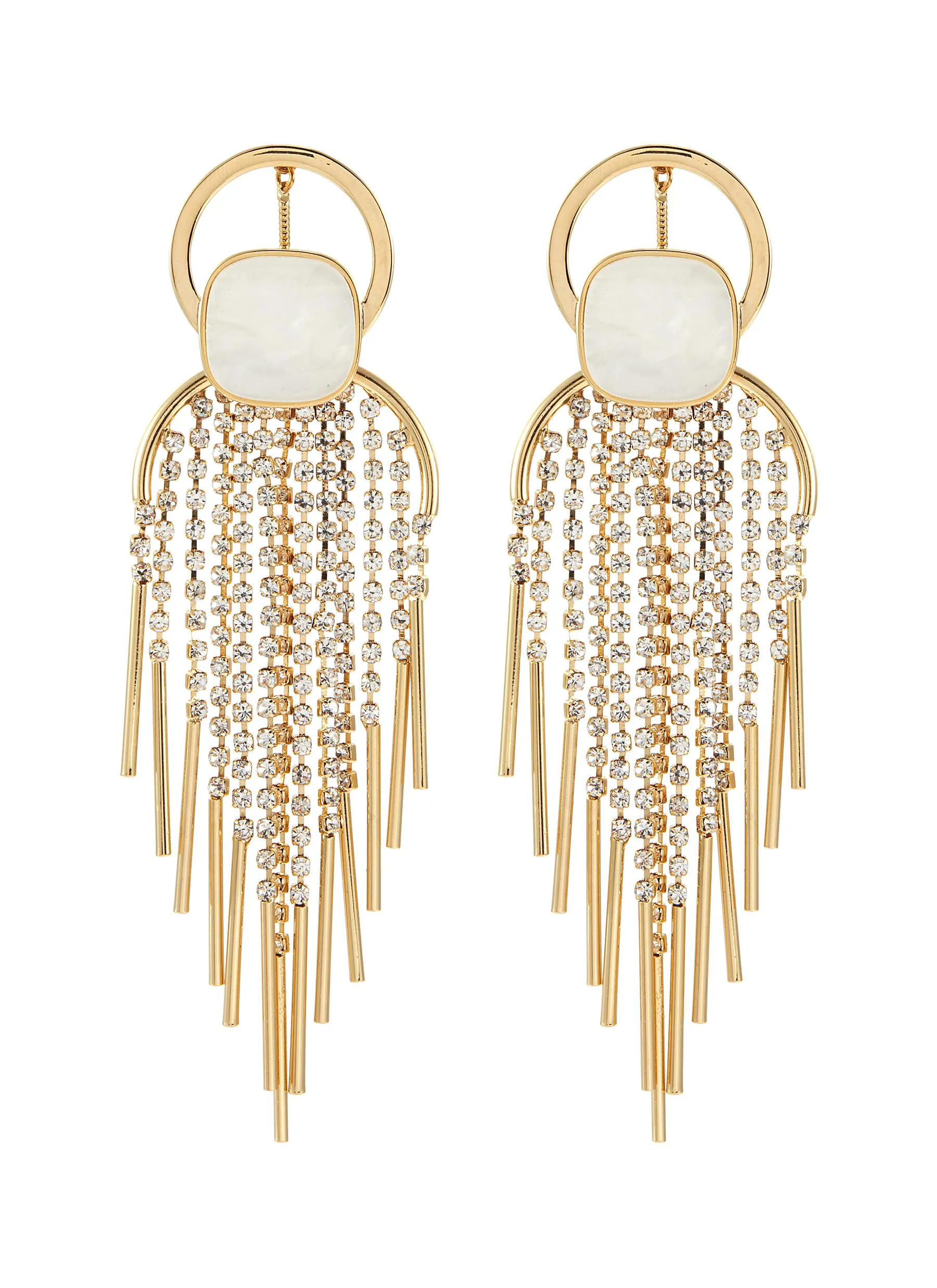 STONE GLASS CRYSTAL FRINGE CHANDELIER DROP EARRINGS