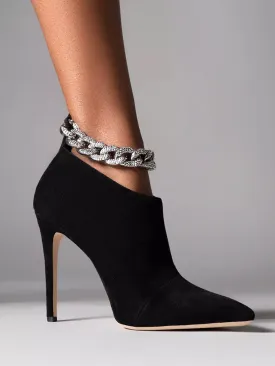 Women’s Crystal Chain High-Heel Suede Ankle Boots in Black