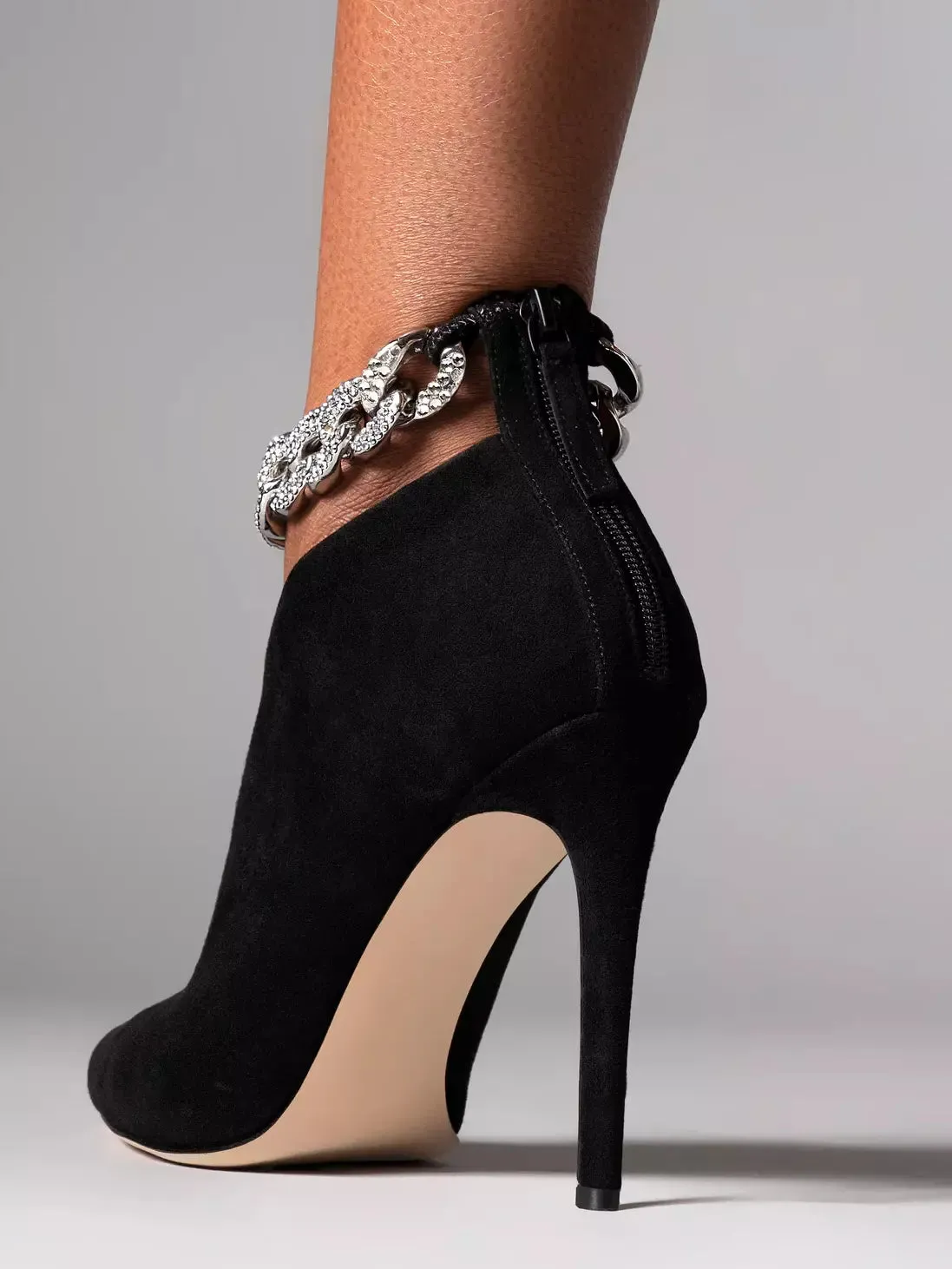 Women’s Crystal Chain High-Heel Suede Ankle Boots in Black